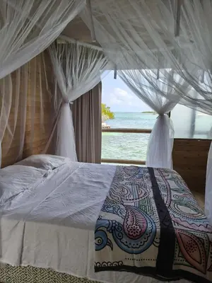 a bedroom with a bed with a view of the ocean at Casa Acuarimantima in Tintipan Island