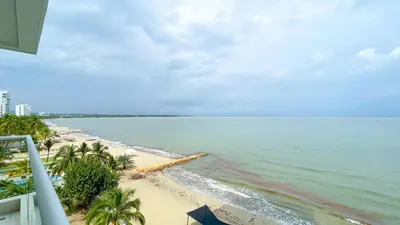 a view of a beach with palm trees and the ocean at Magico Apartamento Frente al Mar 3 Habitaciones TV52 in Coveñas