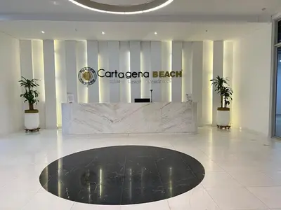 a lobby with a reception desk in a building at Beautiful Studio close to the beach in Cartagena de Indias