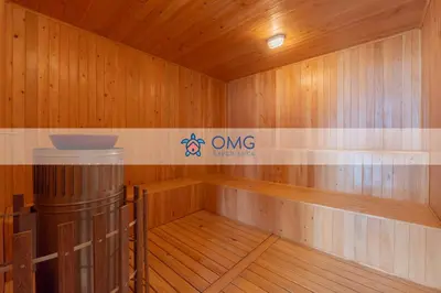 a wooden sauna with a sign on the wall at Suite con daybed piso 16 y balcón panorámico CB1638 in Cartagena de Indias