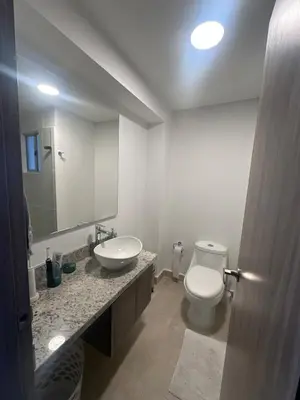 a bathroom with a toilet and a sink and a mirror at Cozy apartment Brand new in Cartagena de Indias