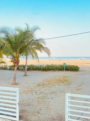 two palm trees and a white fence on a beach at Apartamento en la Boquilla Cartagena in Cartagena de Indias