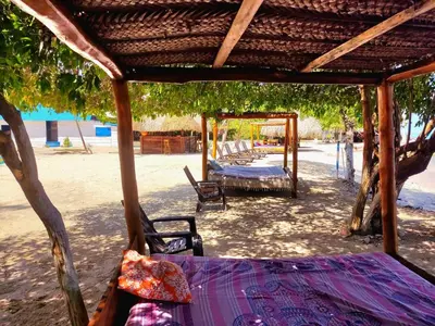 a group of beds sitting under a wooden structure at Tintipán Glamping in Tintipan Island