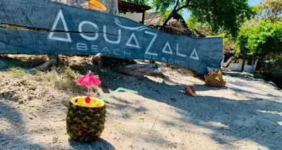a pineapple with an umbrella in the sand next to a sign at Agua Zalada in Isla Grande