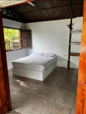 a bedroom with a bed and a ladder at Agua Zalada in Isla Grande
