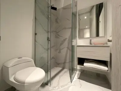 a bathroom with a toilet and a glass shower at sui lofts 1609 in Santa Marta