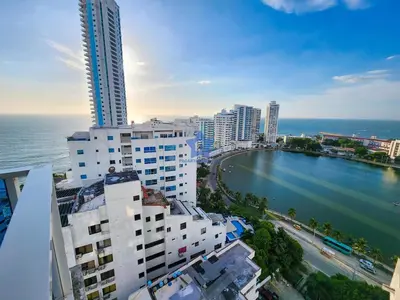 an aerial view of a city and the ocean at Apartamento Piso 18 Blue Horizon in Cartagena de Indias
