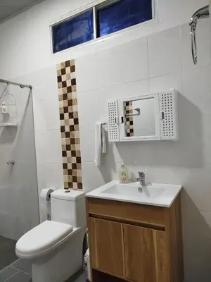 a bathroom with a white toilet and a sink at Apartamentos el farol in Ciénaga