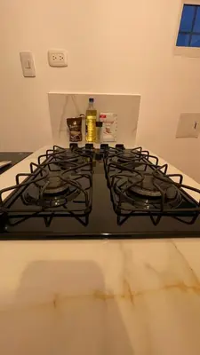 a stove top oven with a bottle of oil on it at Holtalia in Santiago