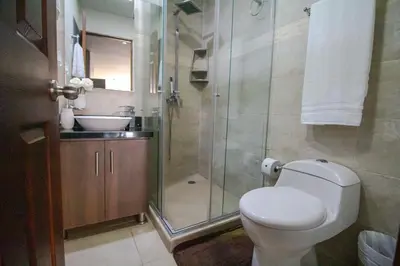 a bathroom with a shower and a toilet and a sink at Aire puro frente al mar edificio sunshine in Cartagena de Indias