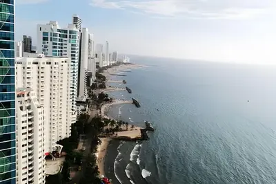 an aerial view of a beach with buildings and the ocean at Ocean Majesty, Luxury Haven close to Walled City in Cartagena de Indias