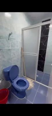 a blue toilet in a bathroom with a shower at Backhouse gallery in Cartagena de Indias