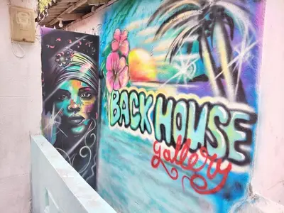 a wall with a painting of a woman on it at Back house gallery in Cartagena de Indias