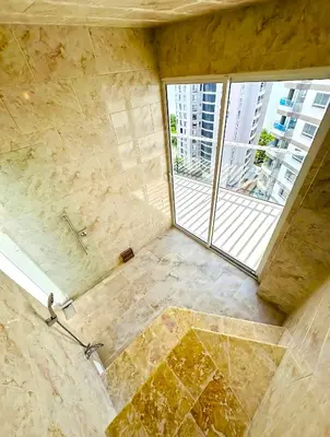 a large bathroom with a shower and a window at Dominique Luxury - 1 BR - Private Jacuzzi - 13th Floor in Cartagena de Indias