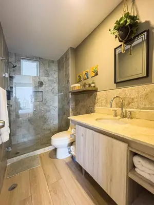 a bathroom with a sink and a toilet and a shower at View, exit to Playa Morros tres Cartagena in Cartagena de Indias