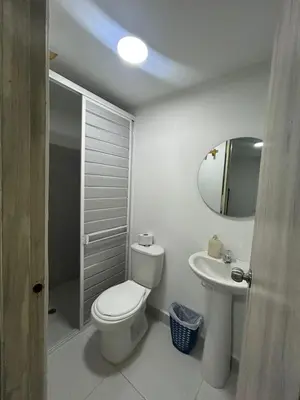 a bathroom with a toilet and a sink and a mirror at Lago Hotel Cartagena in Estación El Salto