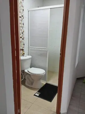 a bathroom with a toilet and a walk in shower at Casa 19 in Ciénaga