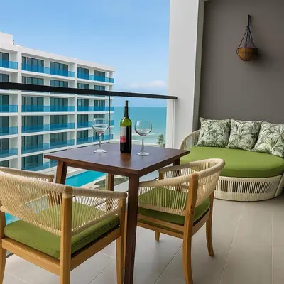 a table with a bottle of wine and two chairs at Luxury 2-Bedroom Apartment with Breathtaking Ocean Views in Cartagena de Indias