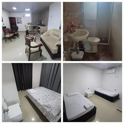 a collage of four pictures of a room with a bathroom at Los paragüitas in Cartagena de Indias