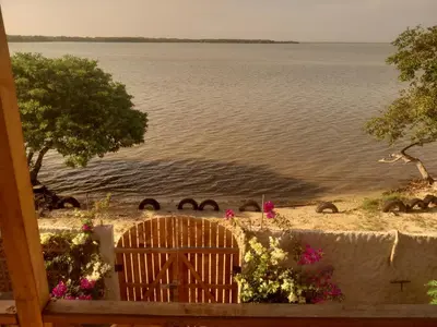 a view of the water with a bench and flowers at Cabaña Barbacoas in Santa Ana
