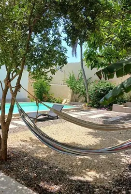 a hammock sitting next to a tree and a pool at Apartment for 8 Guests in Sabanilla a few steps from the Sea in Maizal