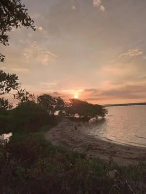 a sunset on the shore of a body of water at Cabaña Barbacoas1 in Santa Ana