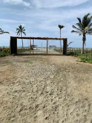 a wooden structure on the beach with palm trees at Hostal pura vida in San Bernardo del Viento