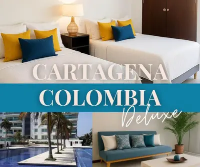 a collage of two pictures of a hotel room at Stunning 2BD Apartment Pool - Oceanview Cartagena in Cartagena de Indias