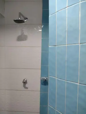 a bathroom with a shower with blue and white tiles at Casa Angie in Cartagena de Indias