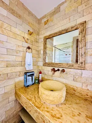 a bathroom with a stone sink and a mirror at Moderno apartamento en Playas del Francés