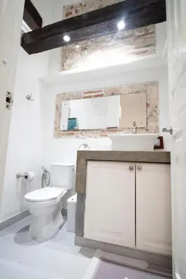 a bathroom with a toilet and a sink and a mirror at Alma Blanca - Colonial Loft in the Walled City in Cartagena de Indias