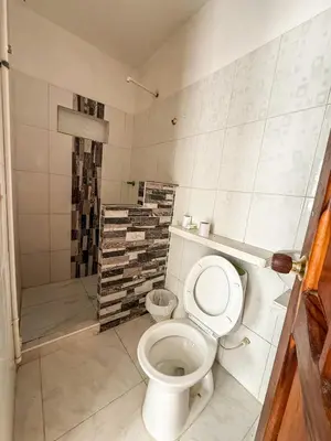 a bathroom with a toilet and a shower at Cabaña las Palmas Rincon del Mar in Rincón