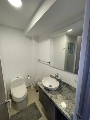 a bathroom with a toilet and a sink and a mirror at An apartment in Serena del Mar in Serena del Mar