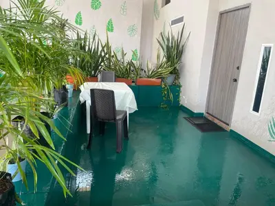 a dining room with a table and some plants at Almería Apt, Cozy Studio withTerrace Near Old Town in Cartagena de Indias