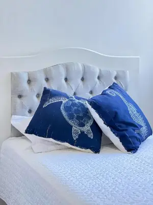 a bed with two blue pillows and a turtle pillow at Azul Caribe 104 in Coveñas