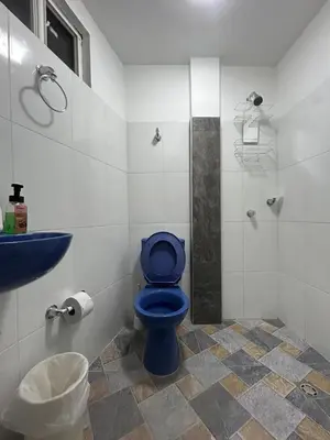 a bathroom with a blue toilet and a shower at acogedor aparta estudio in Cartagena de Indias