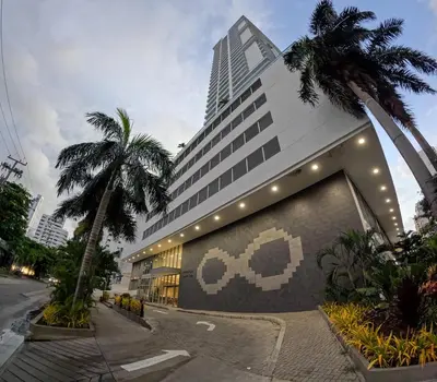 a building with a sign on the side of it at Luxury-Ocean view apartment in Bocagrande in Cartagena de Indias