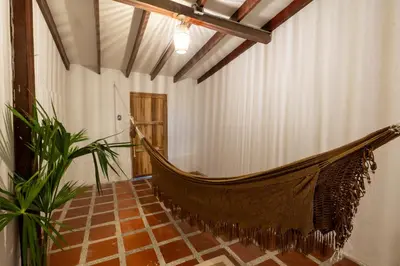 a hammock in a room with a plant at Oasis Colonial Cartagena in Cartagena de Indias