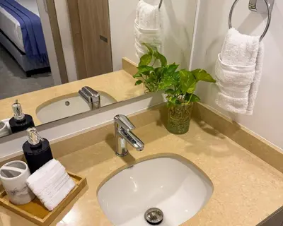 a bathroom sink with a plant and a mirror at Apartment on the 21st floor, ocean and Sierra views in Simón Bolivar