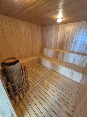 a wooden sauna with a trash can in it at Olas & relax Cartagena in Cartagena de Indias