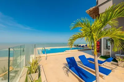 a villa with a swimming pool and a palm tree at Premium con ubicación excelente en Bocagrande in Cartagena de Indias