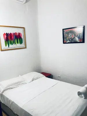 a bedroom with a bed and a picture on the wall at Auténtico apartamento en centro histórico con arte in Cartagena de Indias