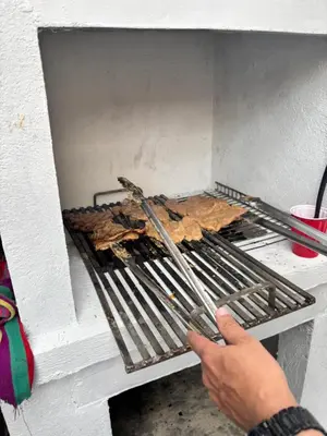 a person is holding a grill with leaves on it at Casa finca platanales in Cartagena de Indias