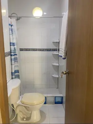 a bathroom with a toilet and a shower at Exclusive Studio Apartment in the Old City Cartagena in Cartagena de Indias
