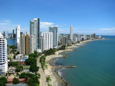 a view of a city with a beach and buildings at Apartaestudio Económico en Cartagena, al lado de la Playa in Cartagena de Indias