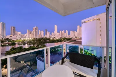 a balcony with a view of a city skyline at Marèlago Apartamentos in Cartagena de Indias