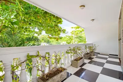 a balcony with plants and a checkered floor at Beautiful House 3 minutes from Historic Downtown in Cartagena de Indias