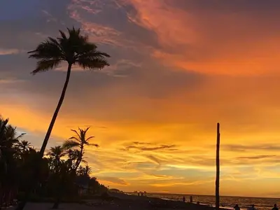 a sunset on the beach with a palm tree at CARPE DIEM oceanfront cabin private beach in San Bernardo del Viento