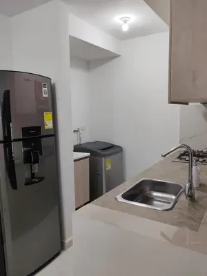 a kitchen with a stainless steel refrigerator and a sink at Brand new apartment near the beach and historic center in Cartagena de Indias