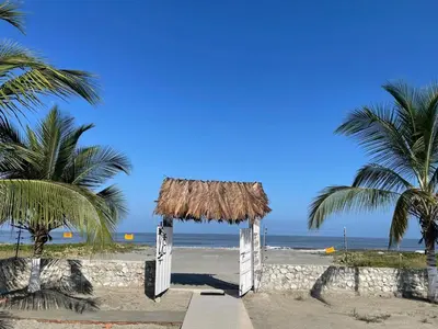 a hut on a beach with palm trees and the ocean at Villa Liz in Puebloviejo